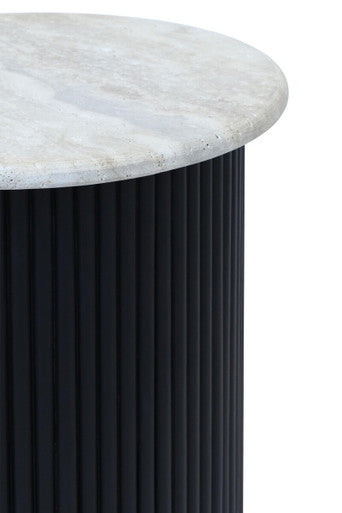 Cream Polished Travertine Top Side Table with Ridged Black Acacia Wood Cylindrical Base, Walton