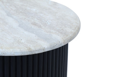 Cream Polished Travertine Top Side Table with Ridged Black Acacia Wood Cylindrical Base, Walton