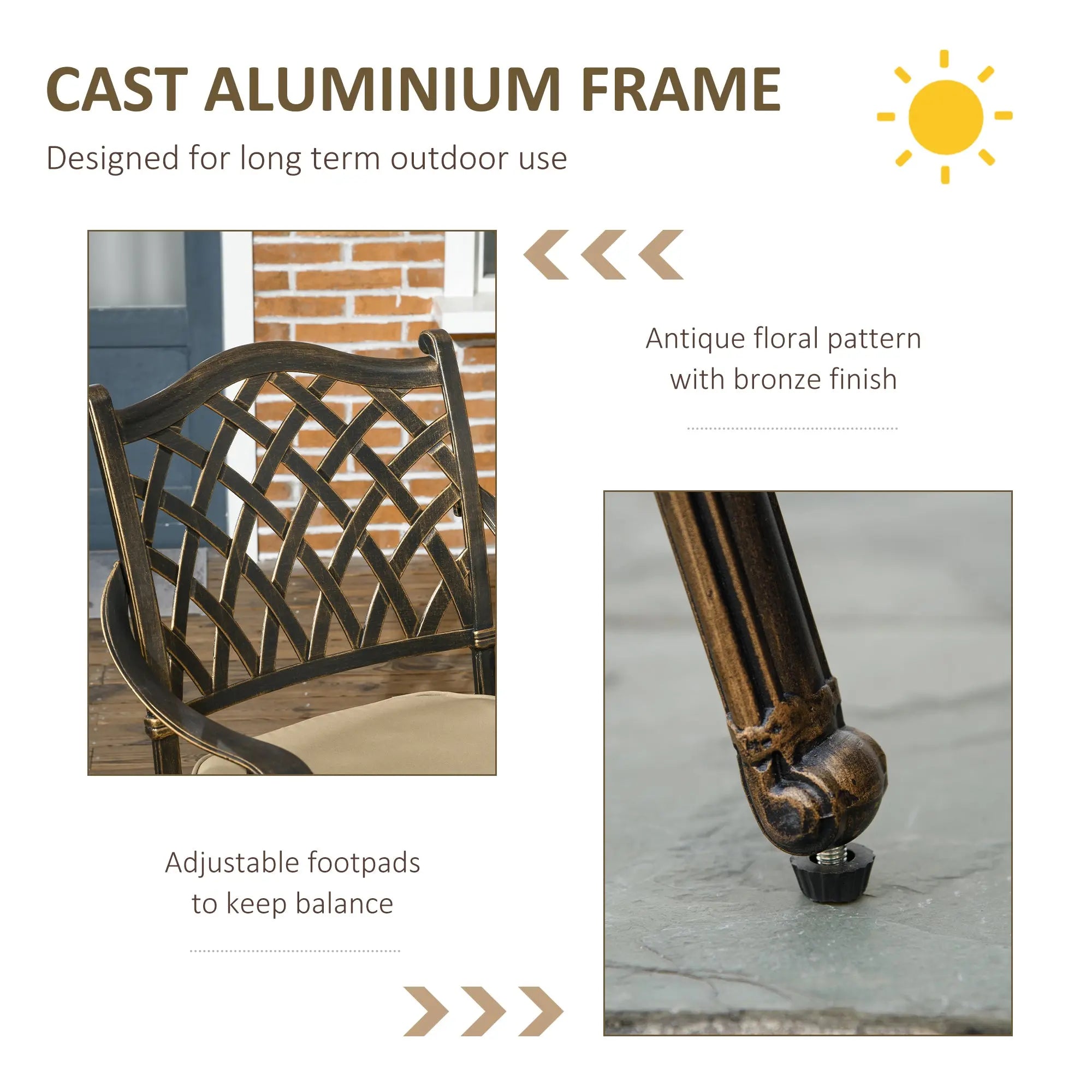 Outsunny 4 Seater Outdoor Dining Set Antique Cast Aluminium Garden Furniture Set with Cushions Round Dining Table with Parasol Hole, Bronze
