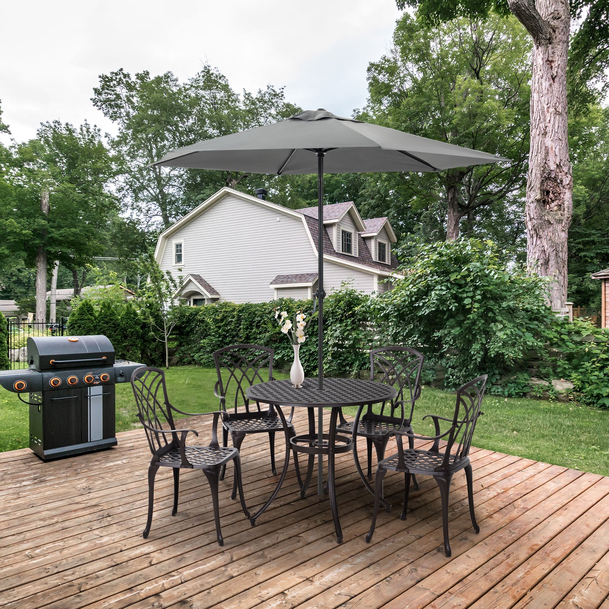 Outsunny 5 Pieces Garden Dining Set for 4, Cast Aluminium Outdoor Dining Set with 4 Armchairs and Round Dining Table with Parasol Hole, Garden Furniture Set, Brown