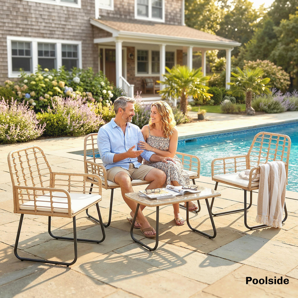 Outsunny 4 Piece Rattan Garden Furniture Set, Outdoor Patio Furniture with Loveseat, Armchairs and Coffee Table