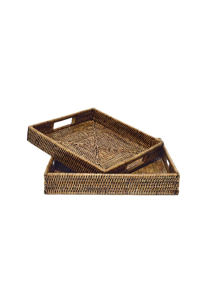 Pair of Square Rattan Trays in Classic Brown