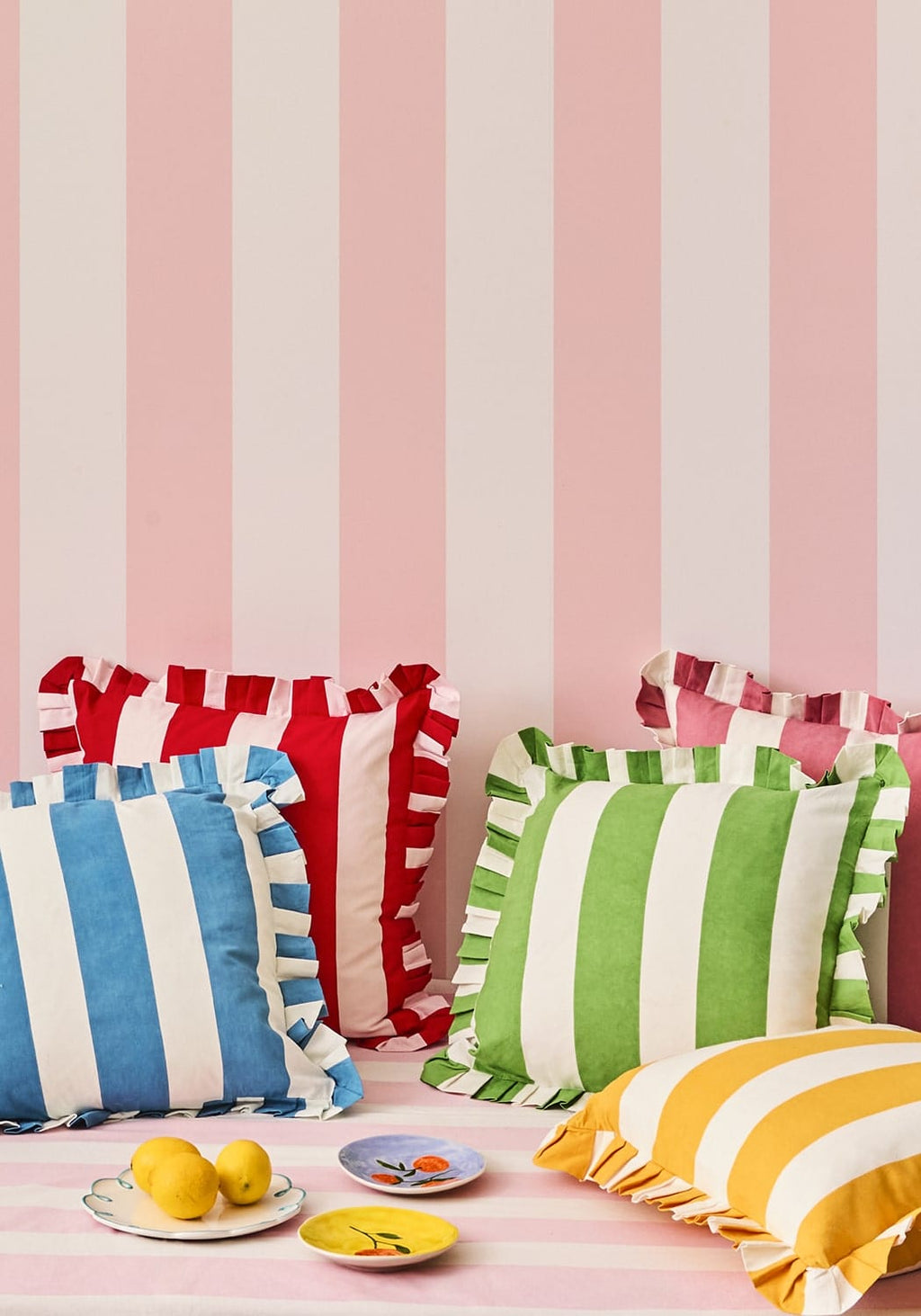 Yellow Cabana Stripe Ruffled Cushion Cover